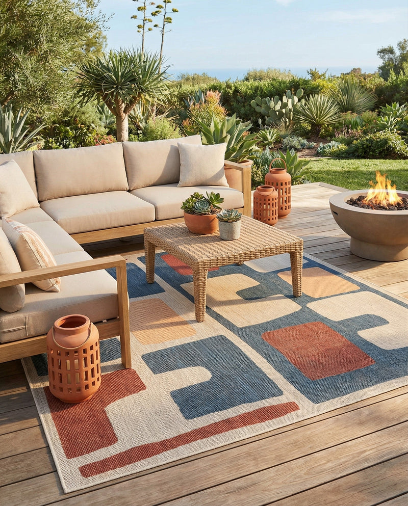 Coastal Terrace Collection Area Rug -  Sail Square Ivory and Blue  lifestyle 34