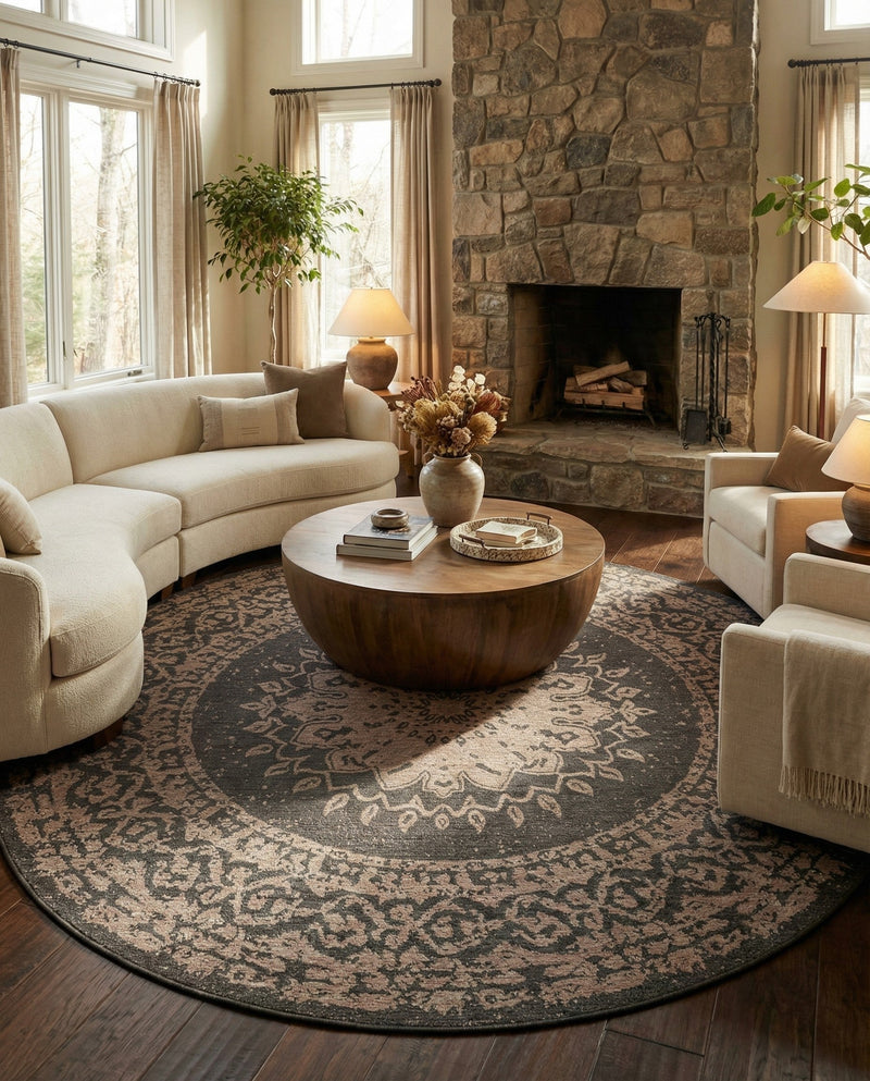 Patio Heritage Collection Area Rug -  Charleston (Charcoal Gray) Round Charcoal Gray  lifestyle 72