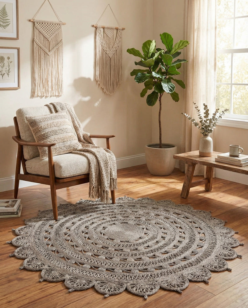 Woven Seaside Jute Collection Area Rug - Coastalhaven (Gray) Round Gray  lifestyle 16