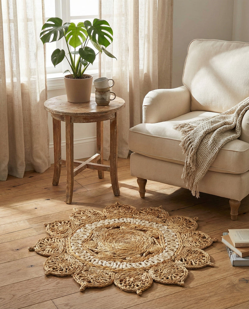 Woven Seaside Jute Collection Area Rug - Coastalhaven (Natural and White) Round Natural and White  lifestyle 17