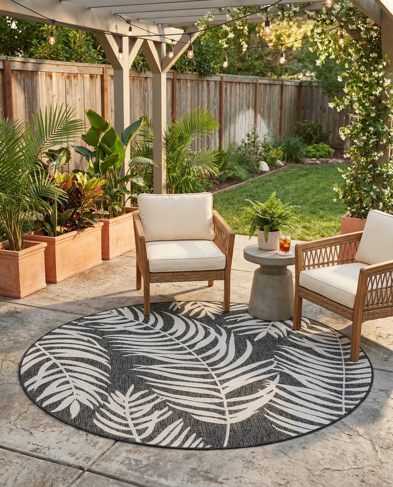Seaside Blooms Collection Area Rug - Verdure (Charcoal) Round Charcoal  lifestyle 77