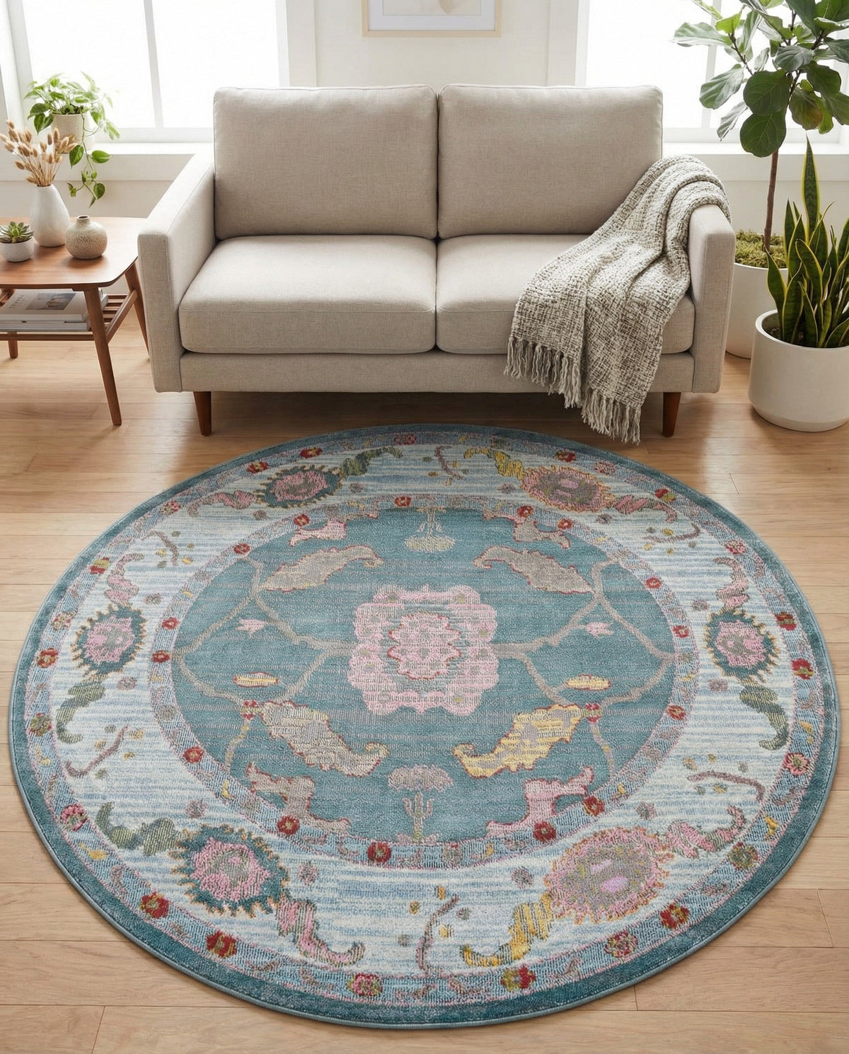 Arcadia Rugs Collection Area Rug - Eden (Gray and Blue) Round Gray and Blue  lifestyle 82