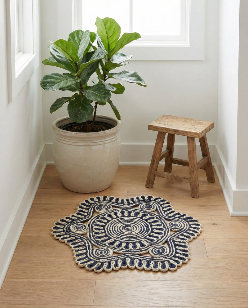 Woven Seaside Jute Collection Area Rug - Nantucket Round Navy and White  lifestyle 39