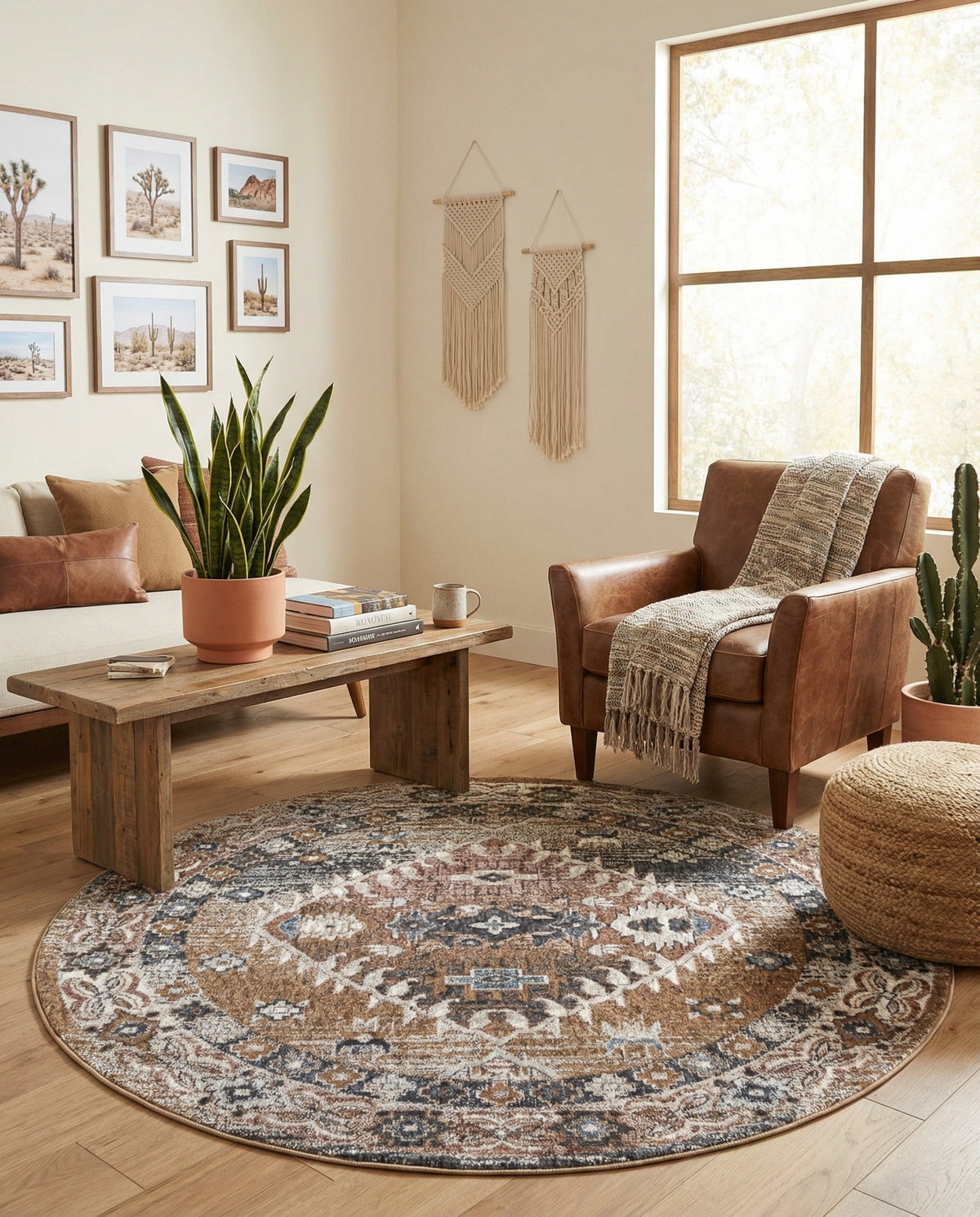 Desert Modern Eco Rug Series Collection Area Rug -  Navajo Round Khaki Gray  lifestyle 90
