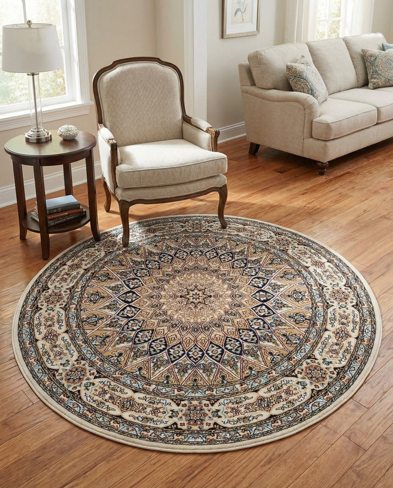 Persian Elegance Collection Area Rug -  Hamedan (Ivory) Round Ivory  lifestyle 36
