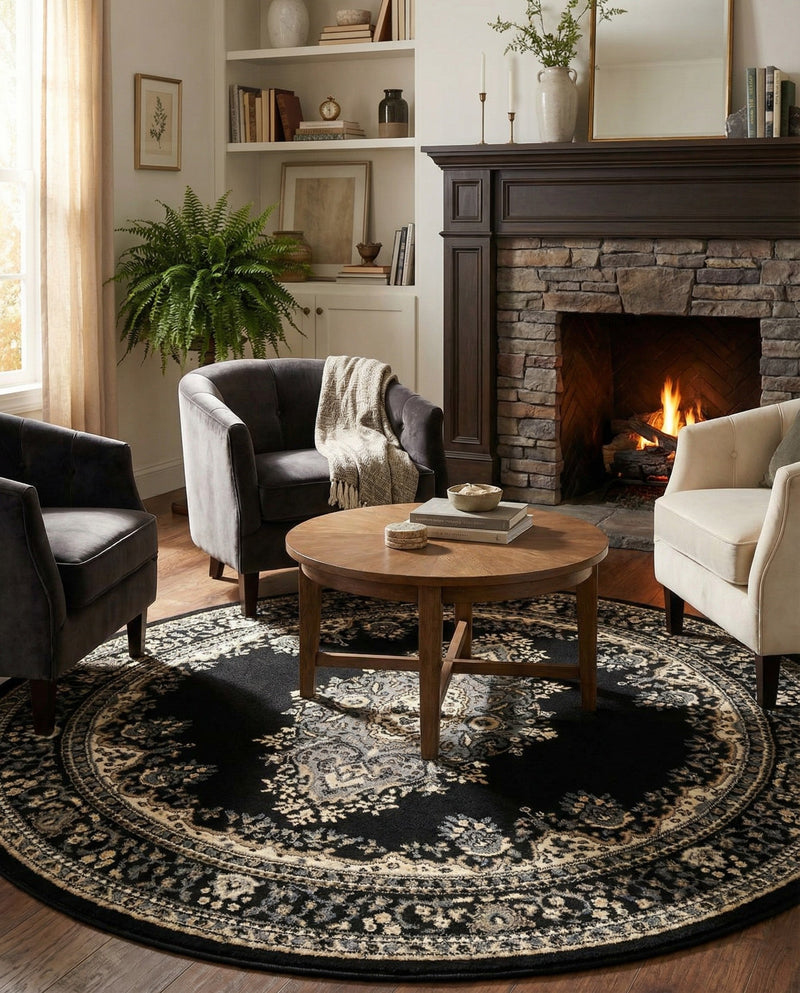 Tabriz Tapestry Collection Area Rug - Azerbaijan (Black) Round Black  lifestyle 86