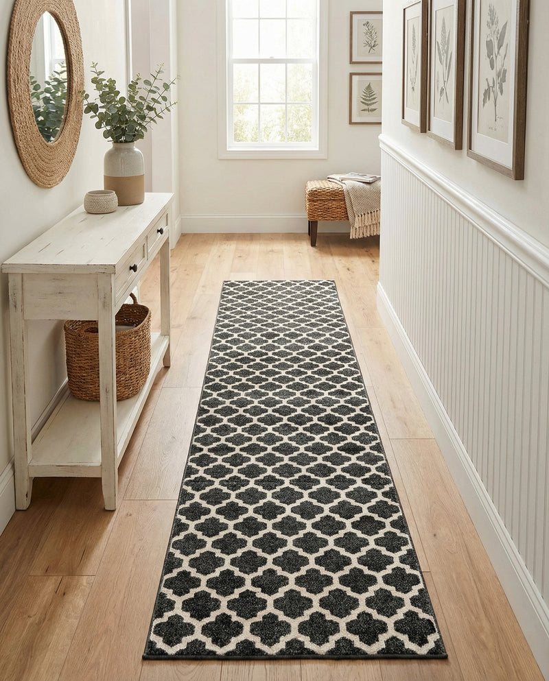 Lattice Gardens Collection Area Rug -  Bloomfield (Black) Runner Black  lifestyle 58