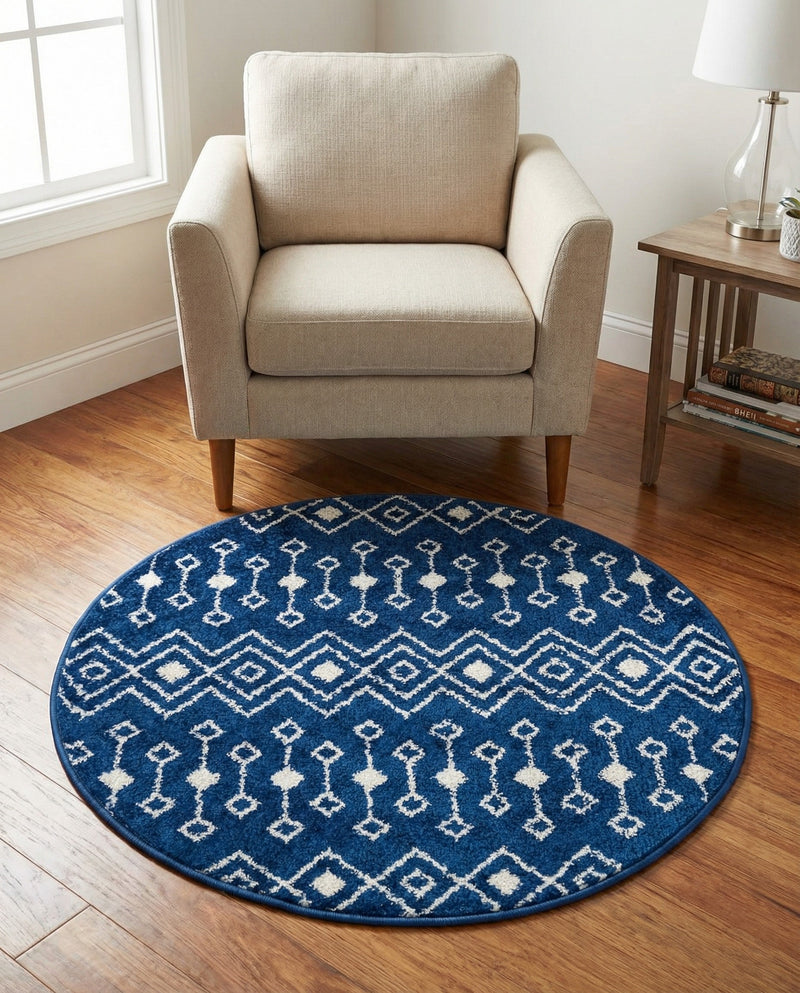 Mediterranean Lattice Collection Area Rug - Santorini (Navy Blue) Round Navy Blue  lifestyle 83