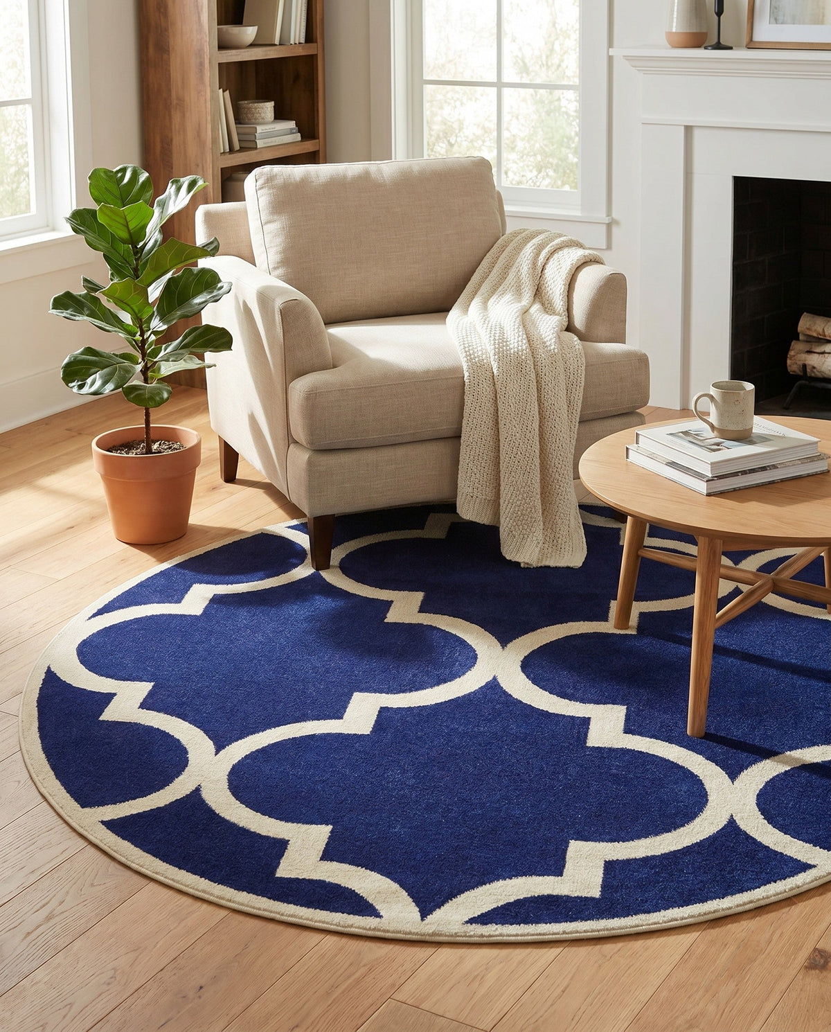 Lattice Gardens Collection Area Rug -  Espaliera Round Navy Blue  lifestyle 141