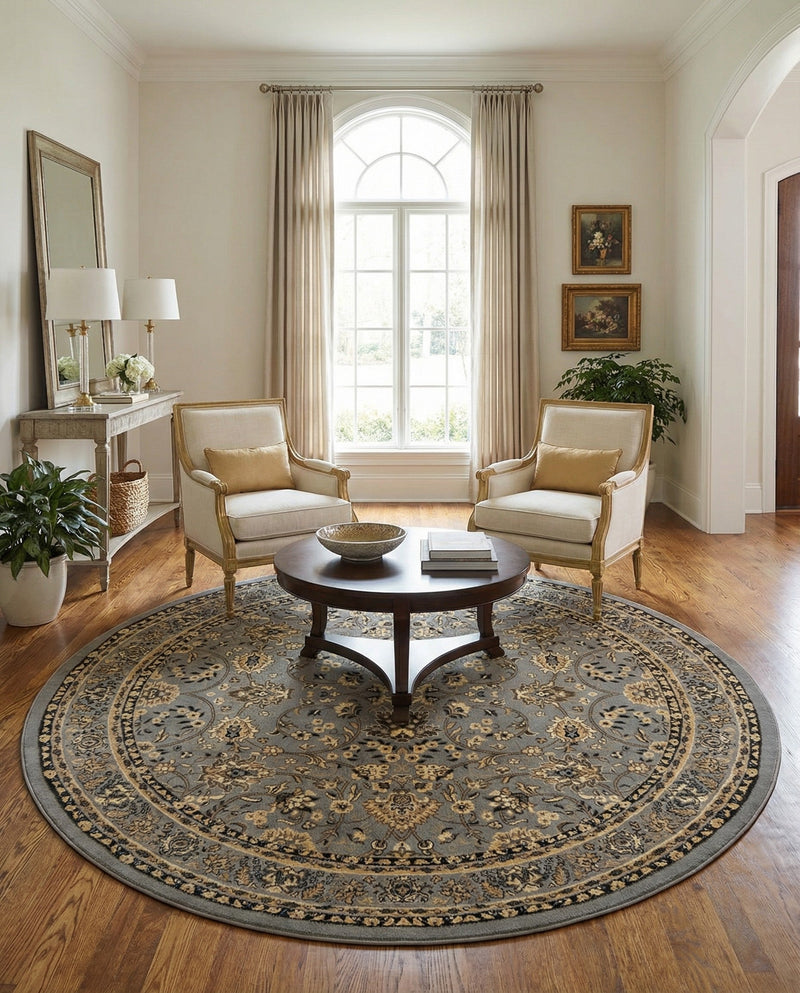Isfahan Elegance Collection Area Rug - Naghsh-e Jahan (Gray) Round Gray  lifestyle 35