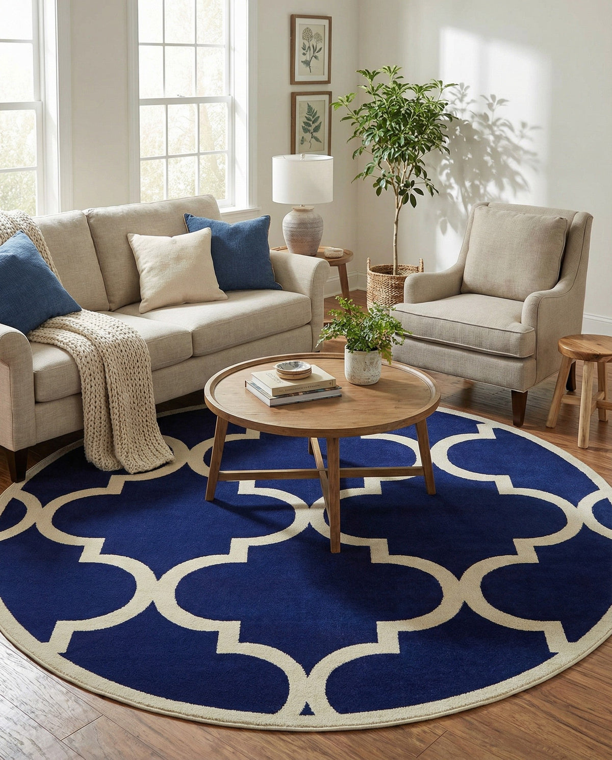 Lattice Gardens Collection Area Rug -  Espaliera Round Navy Blue  lifestyle 139