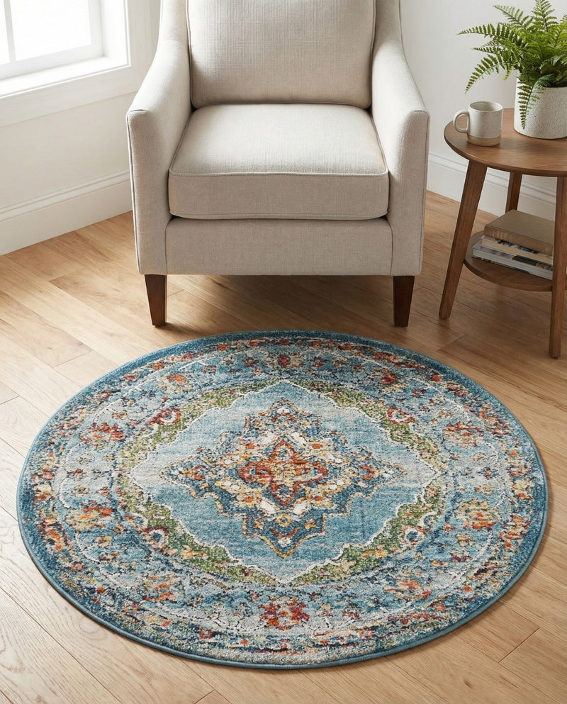 Savannah Soiree Collection Area Rug - Serengeti (Blue) Round Blue  lifestyle 76