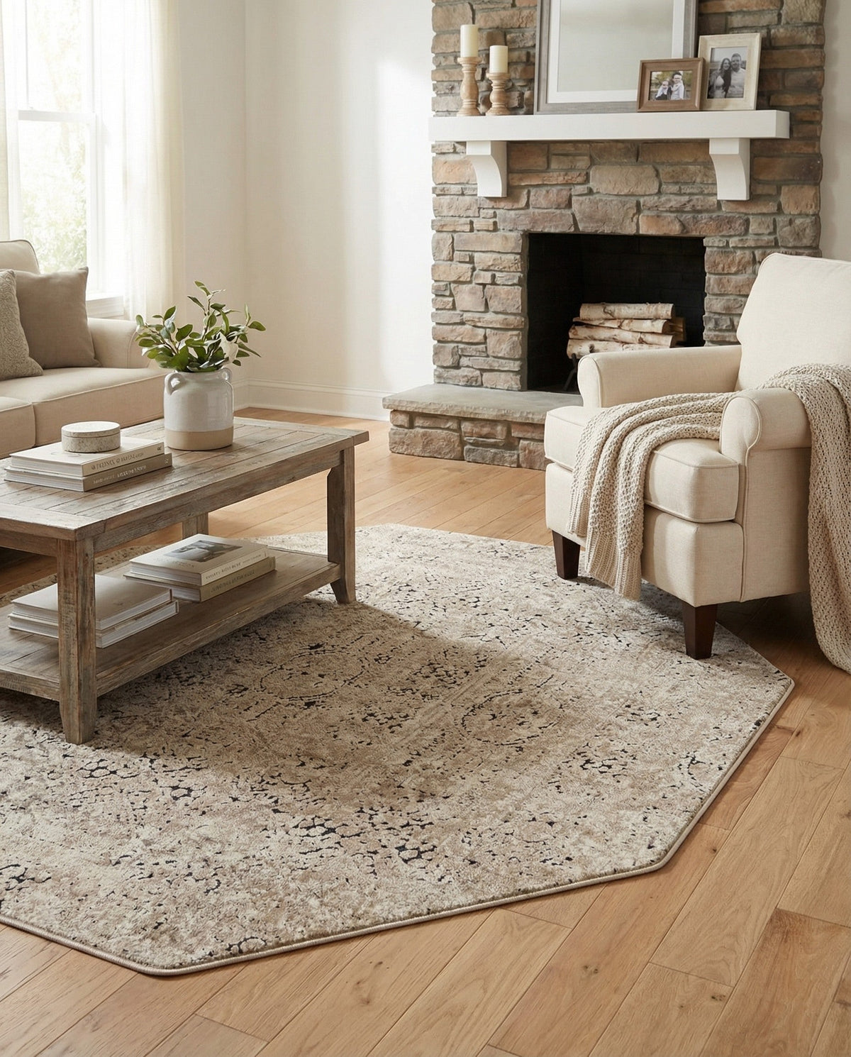 Coastal Manor Collection Area Rug -  Wavecrest Octagon Beige  lifestyle 145