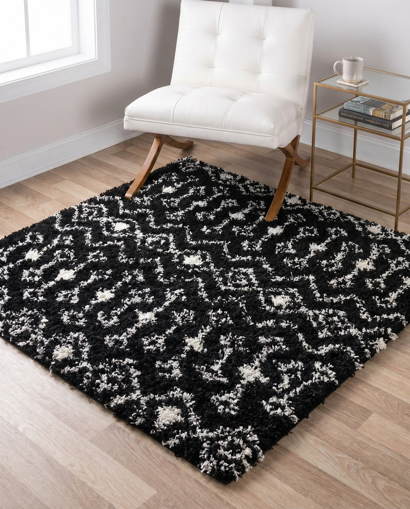 Berber Lattice Shag Collection Area Rug - Atlas (Black and White) Square Black and White  lifestyle 56
