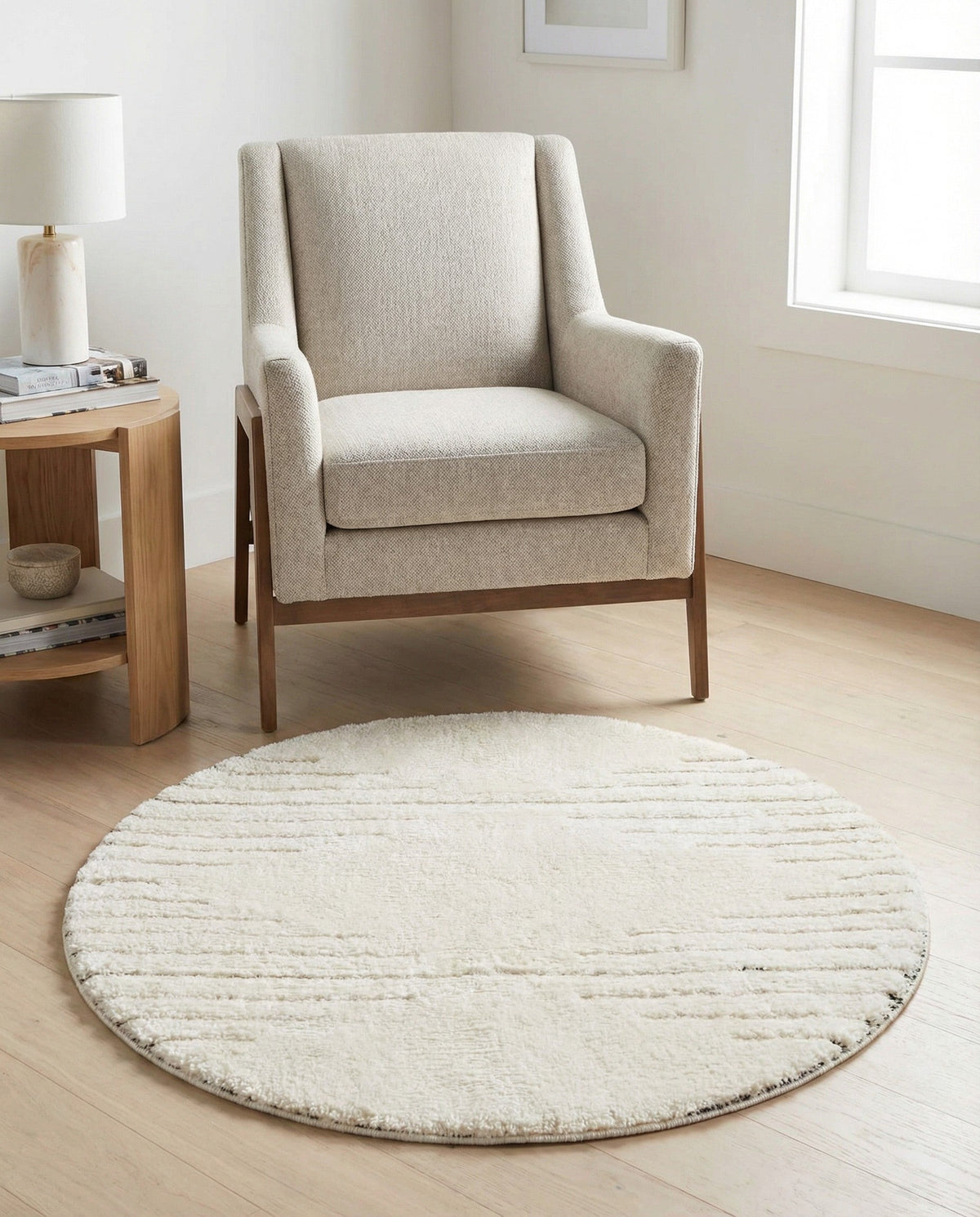 Monochrome Collection Area Rug -  Ash Round Ivory White  lifestyle 119