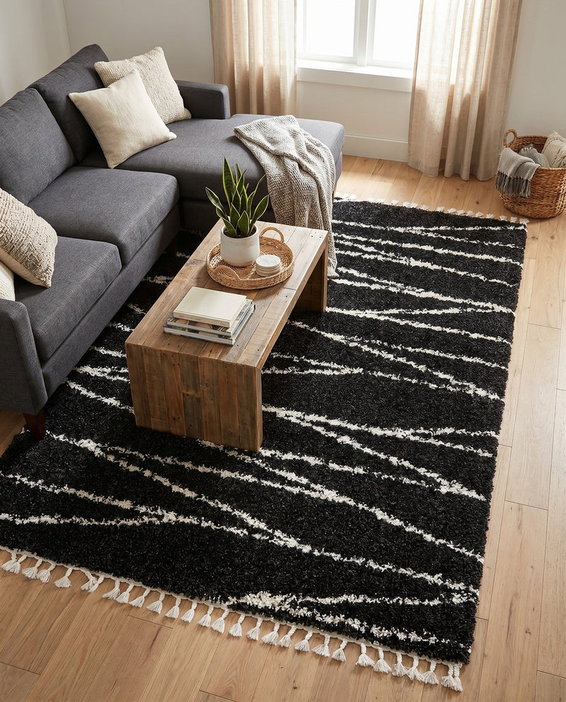 Tranquil Tides Shag Collection Area Rug -  Frost Rectangle Black and White  lifestyle 41