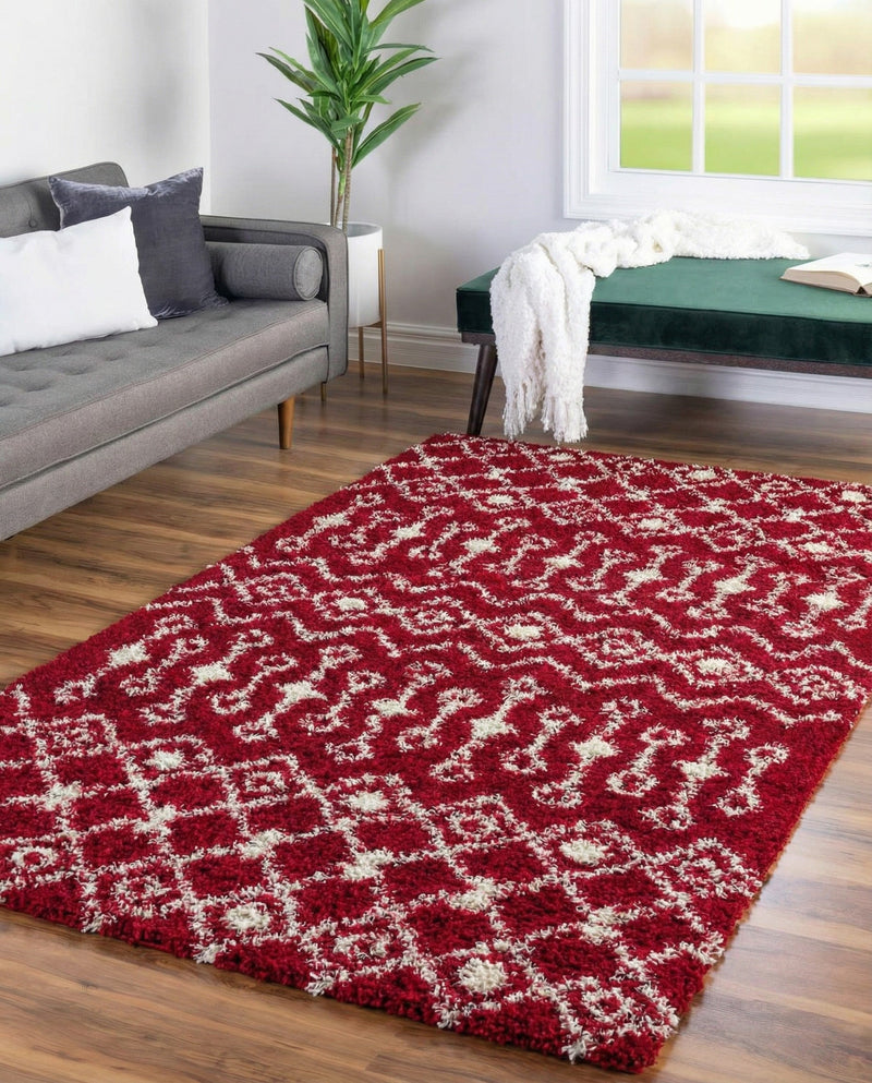 Berber Lattice Shag Collection Area Rug - Atlas (Burgundy Red) Rectangle Burgundy Red  lifestyle 5