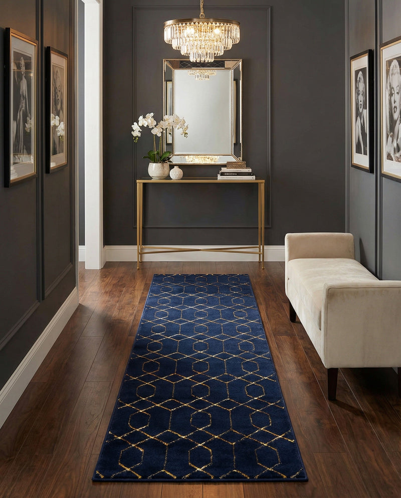 Hollywood Luxe Collection Area Rug - Sunset (Navy Blue Gold) Runner Navy Blue Gold  lifestyle 45
