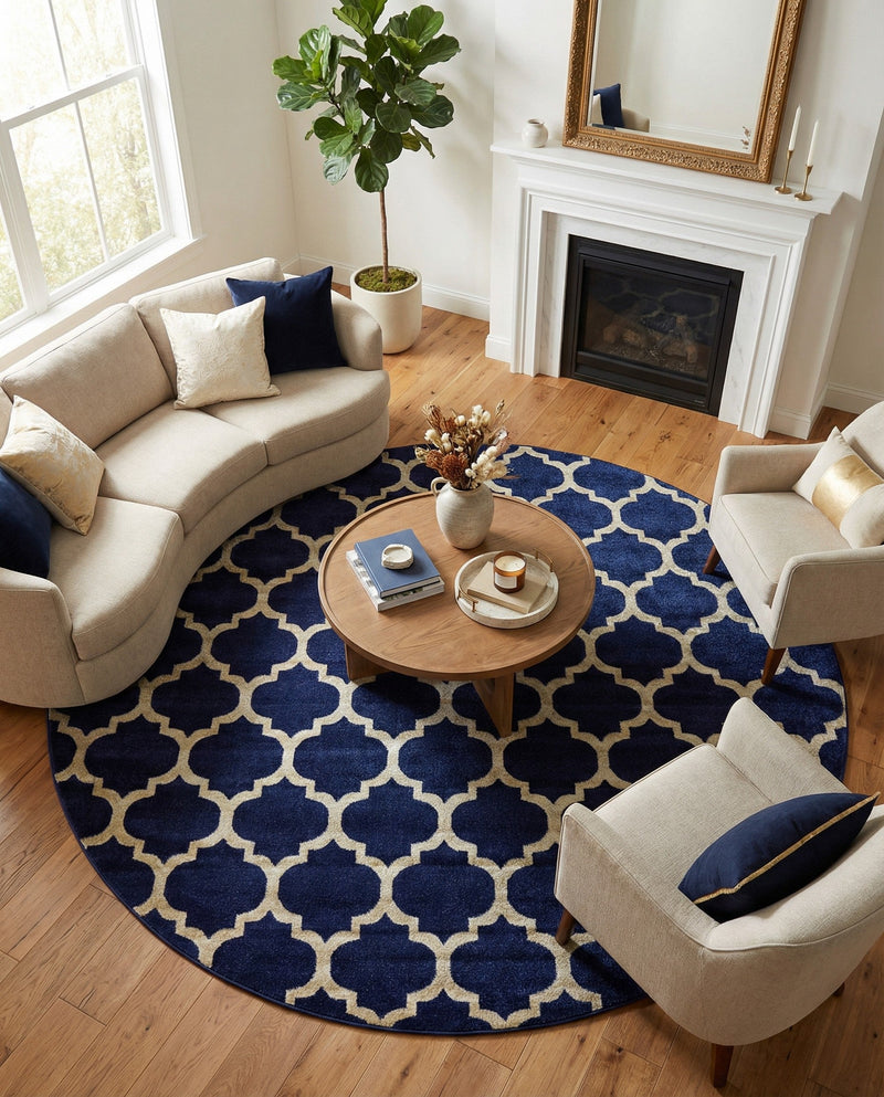 Lattice Gardens Collection Area Rug -  Bloomfield (Dark Blue) Round Dark Blue  lifestyle 45