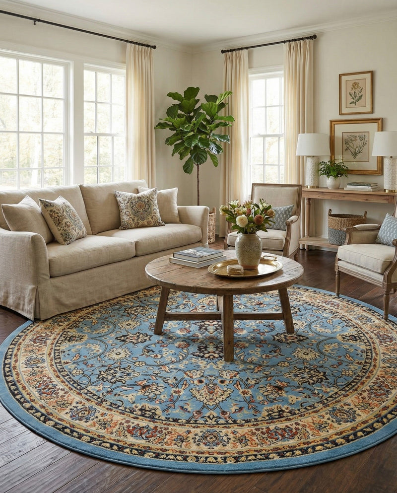 Isfahan Elegance Collection Area Rug - Naghsh-e Jahan (Light Blue) Round Light Blue  lifestyle 49