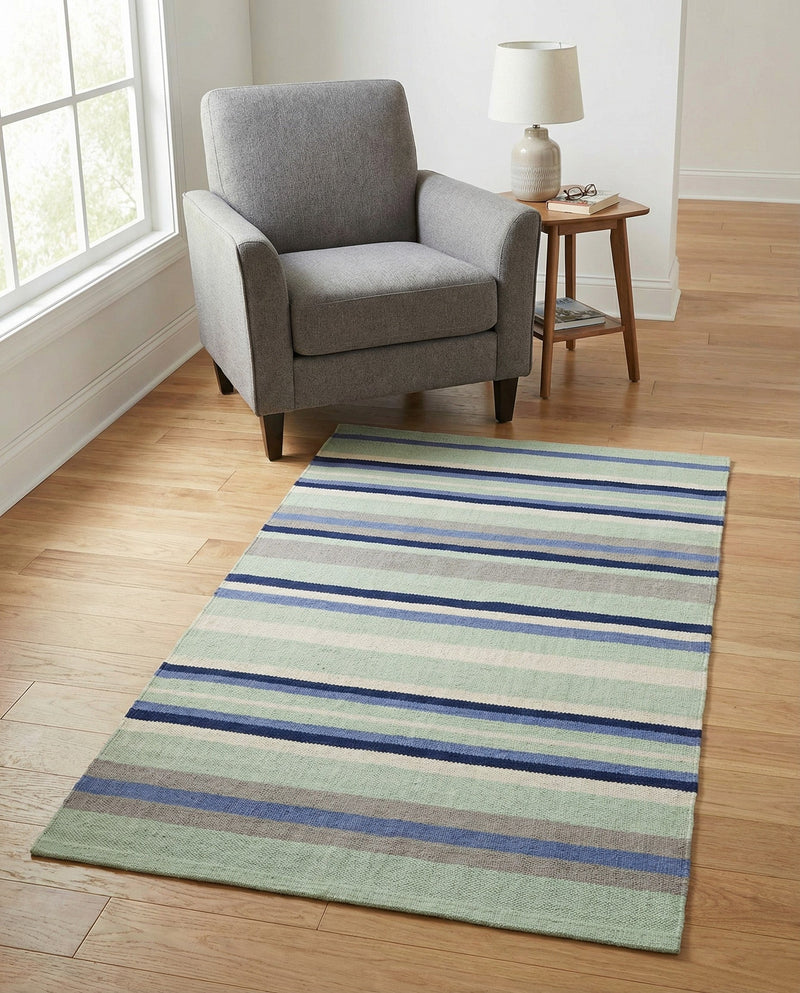 Coastal Stripe Dhurrie Collection Area Rug - Seashore Rectangle Aqua Blue and Gray  lifestyle 45