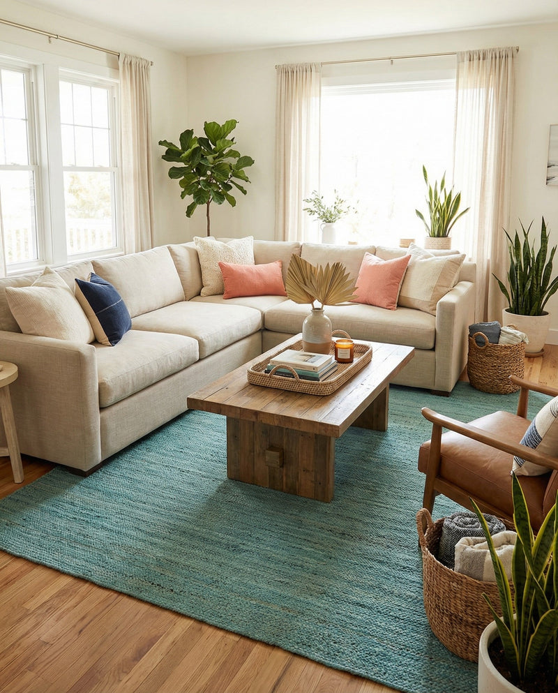 Woven Seaside Jute Collection Area Rug - Savannah (Turquoise) Rectangle Turquoise  lifestyle 12