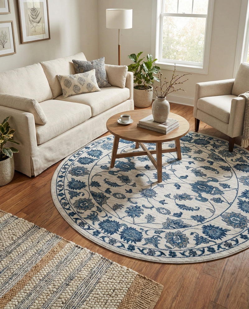 Charleston Elegance Collection Area Rug -  Seaport (White Blue) Round White Blue  lifestyle 39