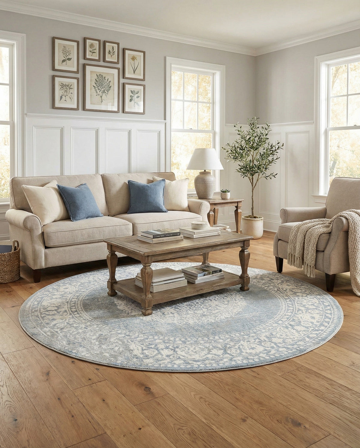 Rustic Charm Revival Collection Area Rug -  Meadowland Round Light Blue  lifestyle 140