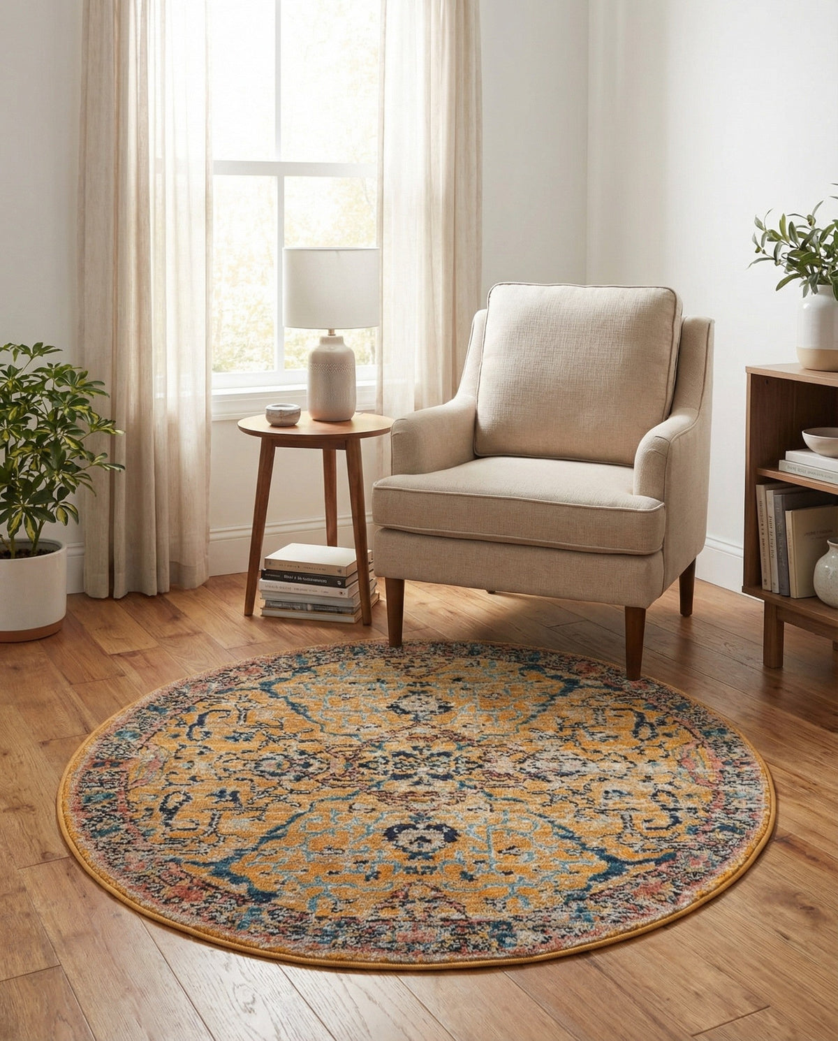 Seville Stripes Collection Area Rug -  Malaga (Yellow) Round Yellow  lifestyle 102