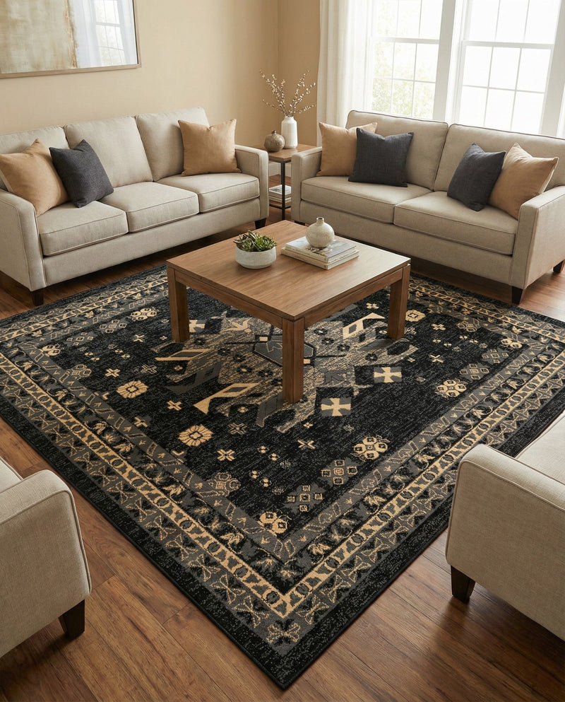 Tabriz Tapestries Collection Area Rug - Azerbaijan (Black) Square Black  lifestyle 59
