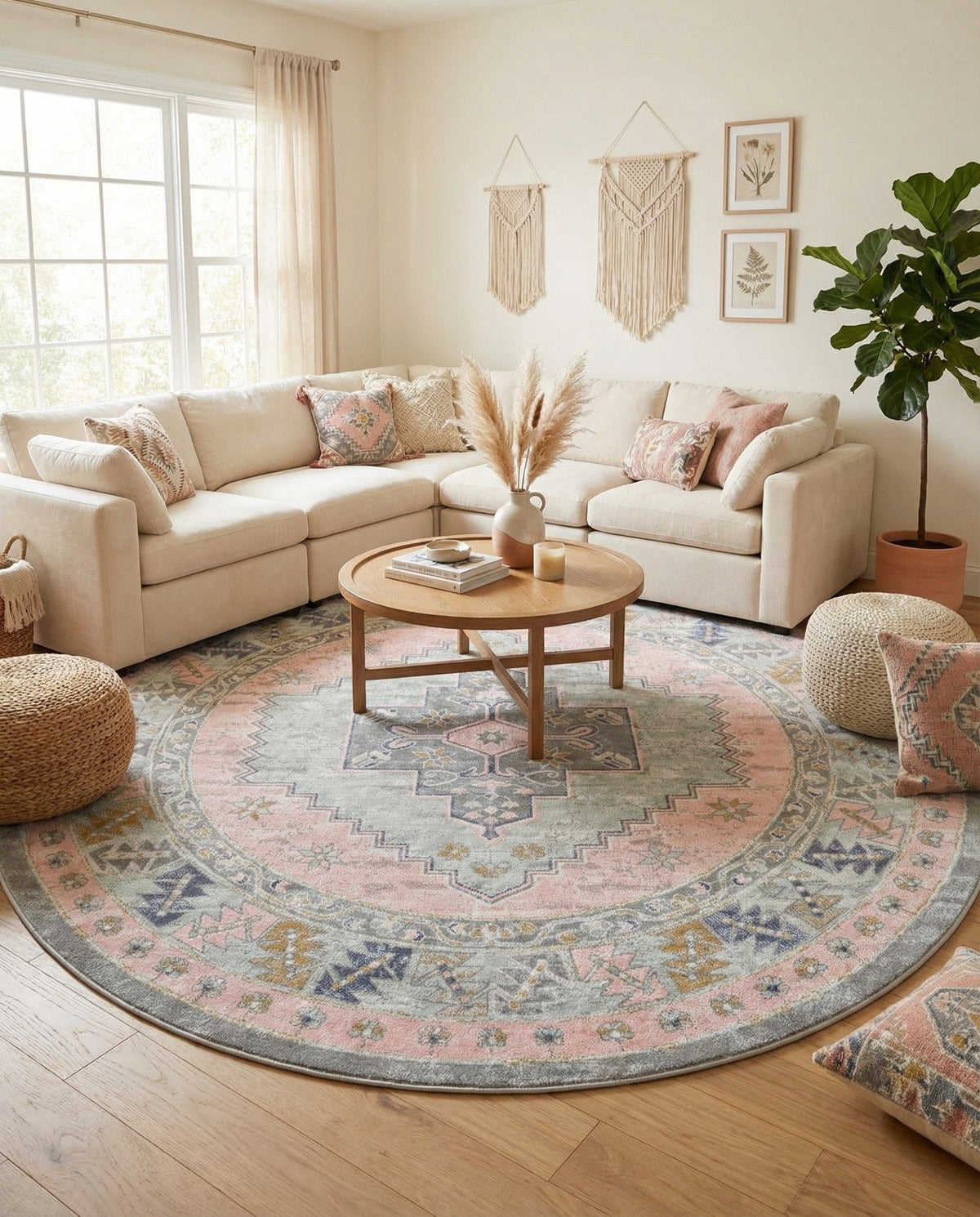 Savannah Series Collection Area Rug -  Augusta (Pink) Round Pink  lifestyle 94