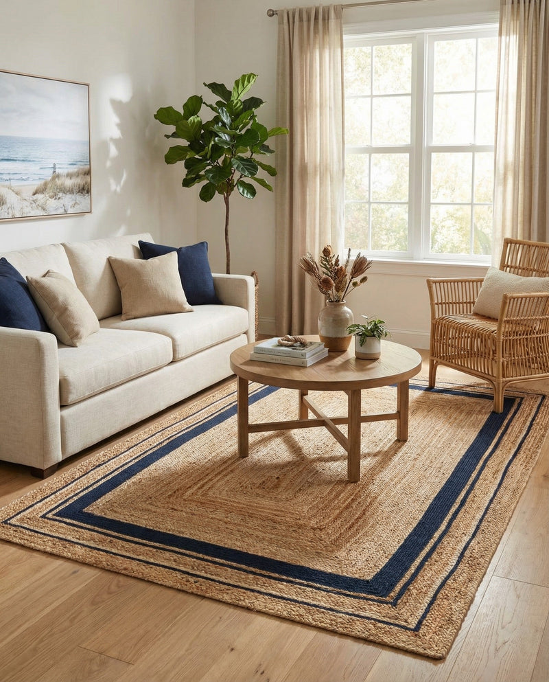 Woven Seaside Jute Collection Area Rug - Nantucket Rectangle Natural and Navy Blue  lifestyle 9
