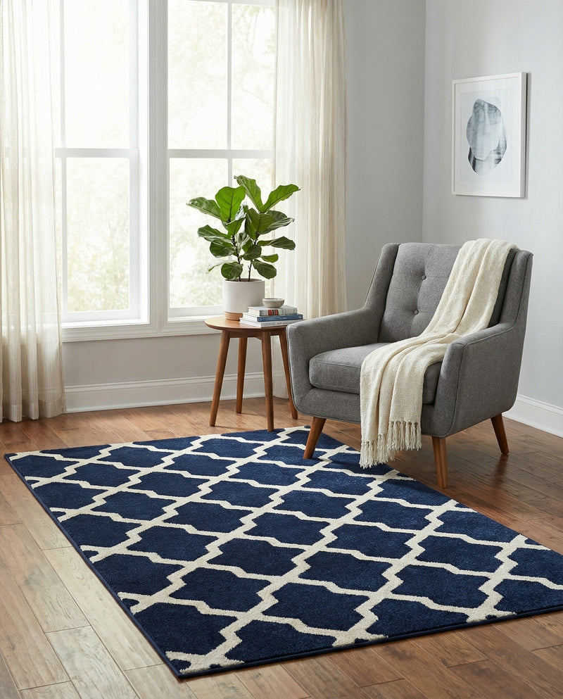 Lattice Gardens Collection Area Rug -  Floratown Rectangle Navy Blue  lifestyle 9