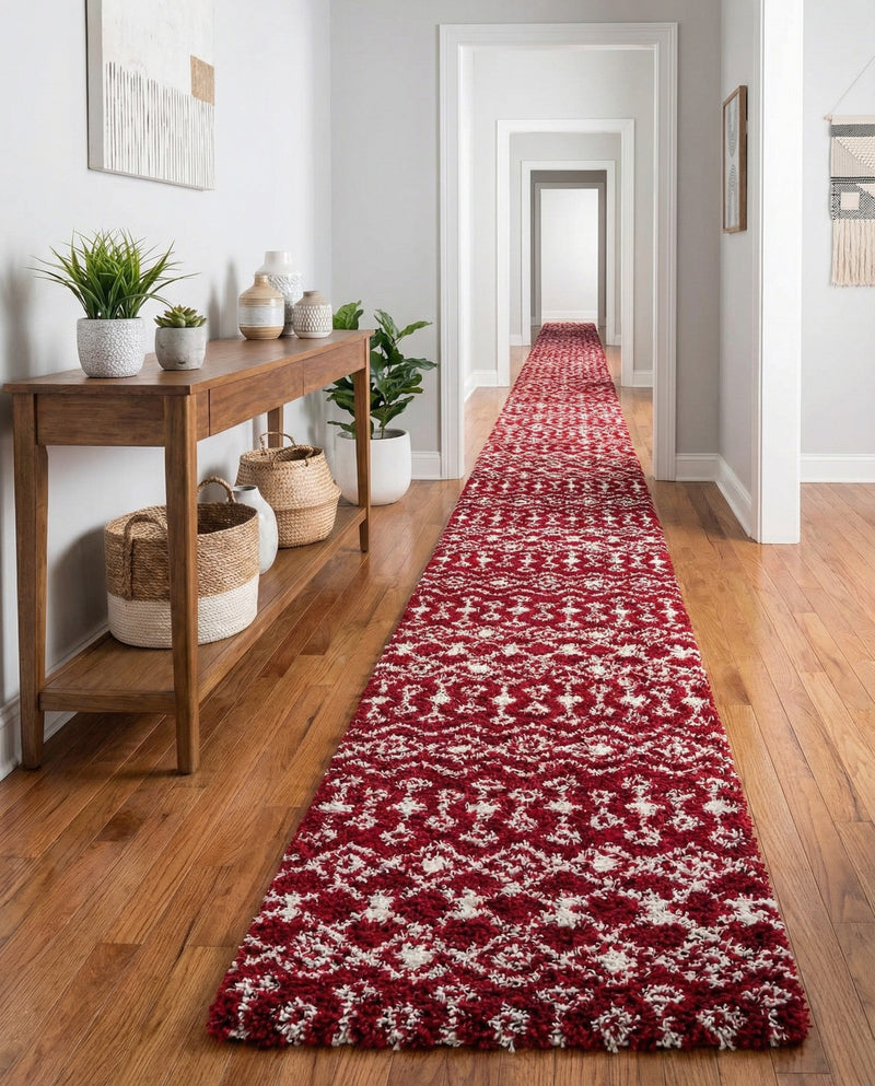 Berber Lattice Shag Collection Area Rug - Atlas (Burgundy Red) Runner Burgundy Red  lifestyle 31