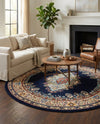 Tabriz Tapestry Collection Area Rug - Azerbaijan (Navy Blue) Round Navy Blue  lifestyle 54