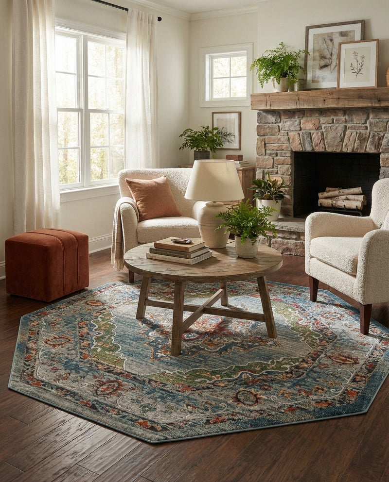 Savannah Soiree Collection Area Rug - Serengeti (Blue) Octagon Blue  lifestyle 73