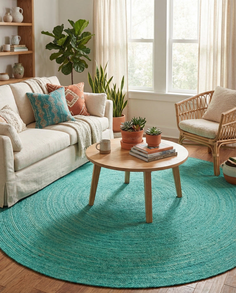 Woven Seaside Jute Collection Area Rug - Savannah (Turquoise) Round Turquoise  lifestyle 50