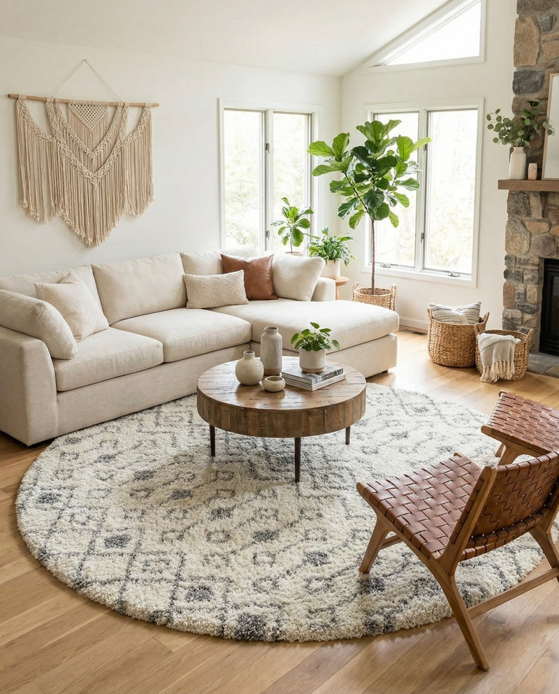 Berber Lattice Shag Collection Area Rug - Atlas (Ivory) Round Ivory  lifestyle 37
