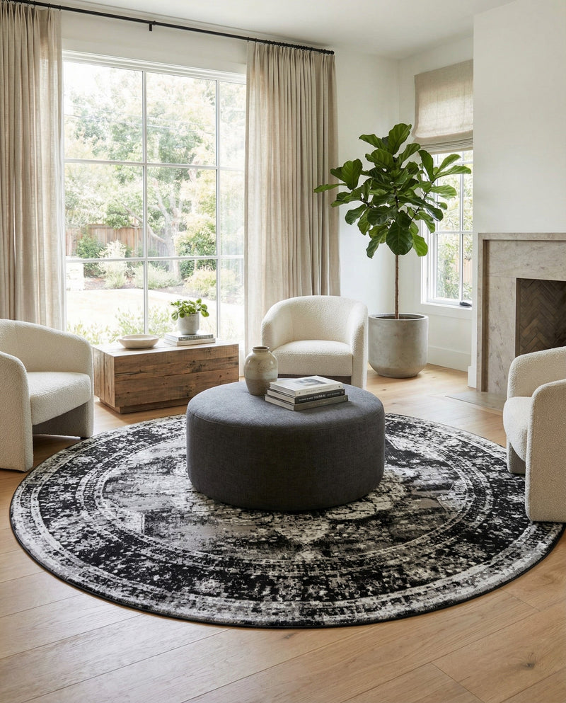 Riviera Elegance Collection Area Rug -  Menton (Black) Round Black  lifestyle 187