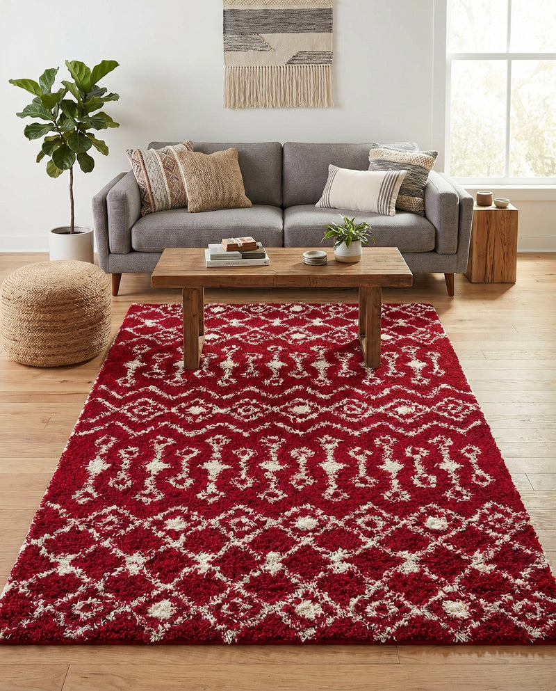Berber Lattice Shag Collection Area Rug - Atlas (Burgundy Red) Rectangle Burgundy Red  lifestyle 13