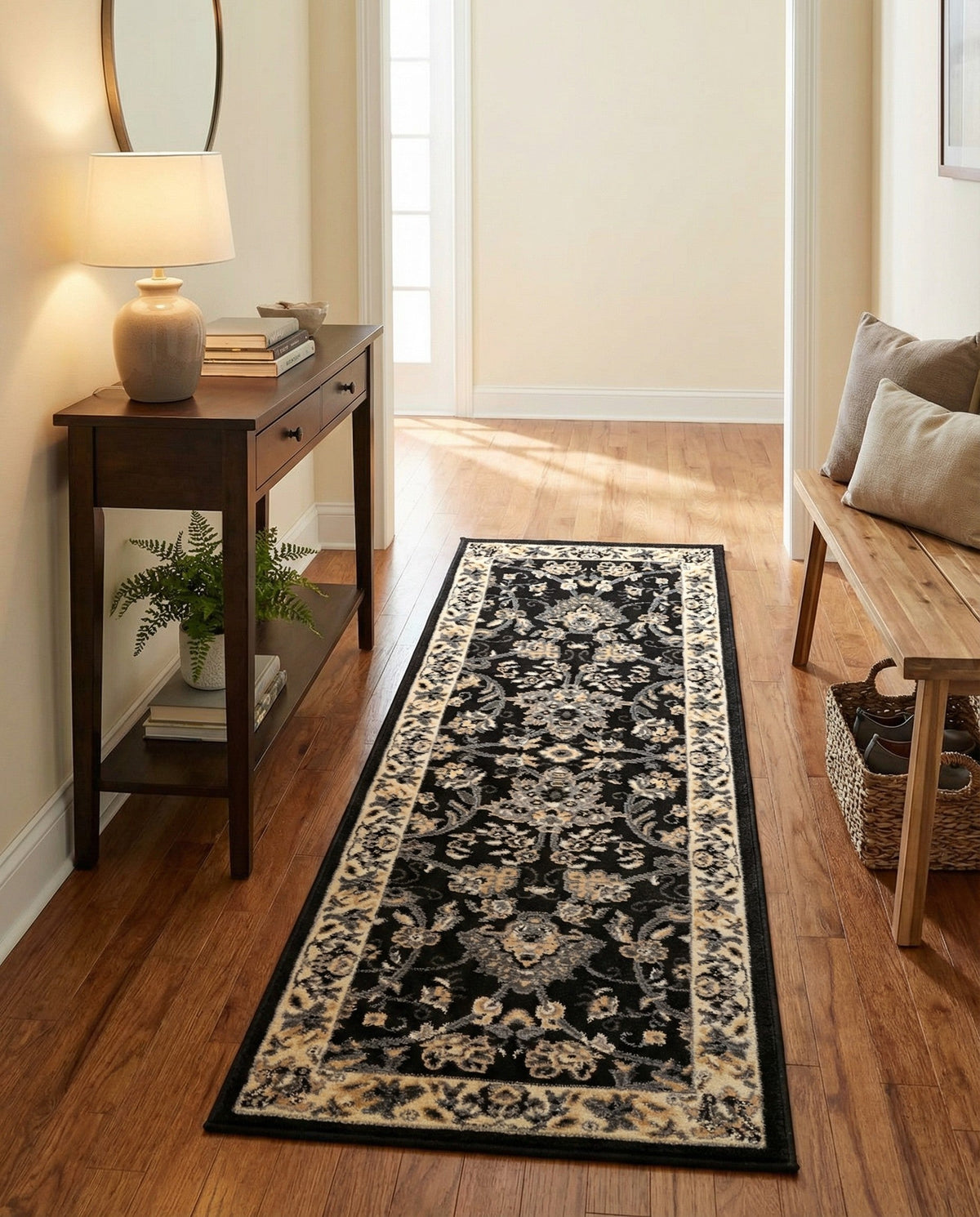 Isfahan Elegance Collection Area Rug - Naghsh-e Jahan (Black) Runner Black  lifestyle 139