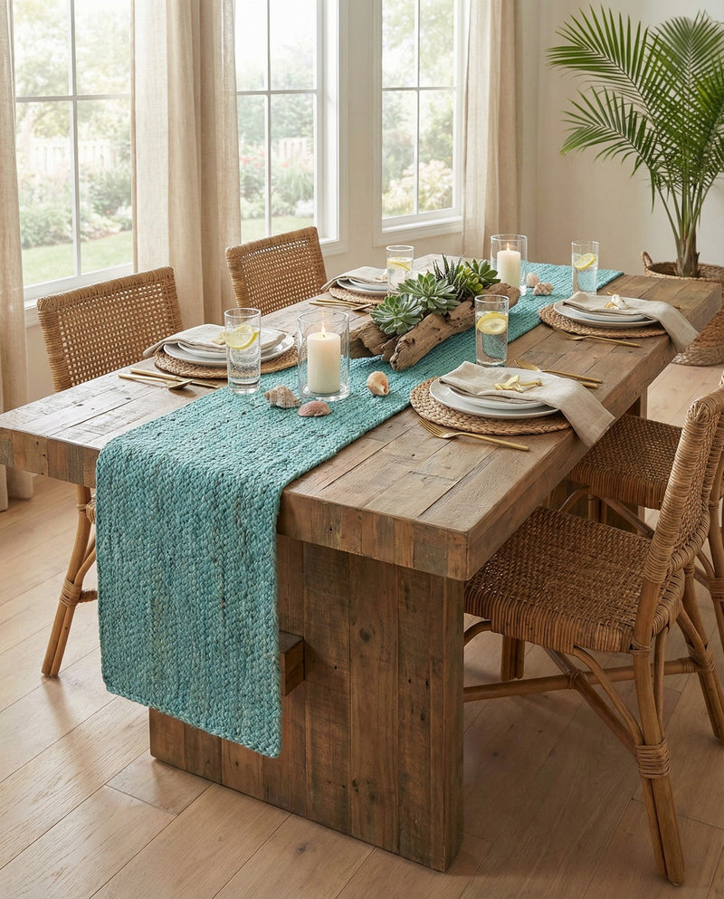Woven Seaside Jute Collection Area Rug - Savannah (Turquoise) Table Runner Turquoise  lifestyle 51