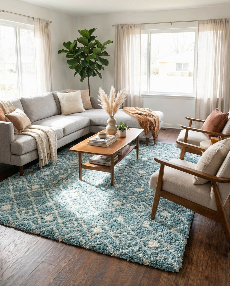 Berber Lattice Shag Collection Area Rug - Atlas (Light Blue) Rectangle Light Blue  lifestyle 4