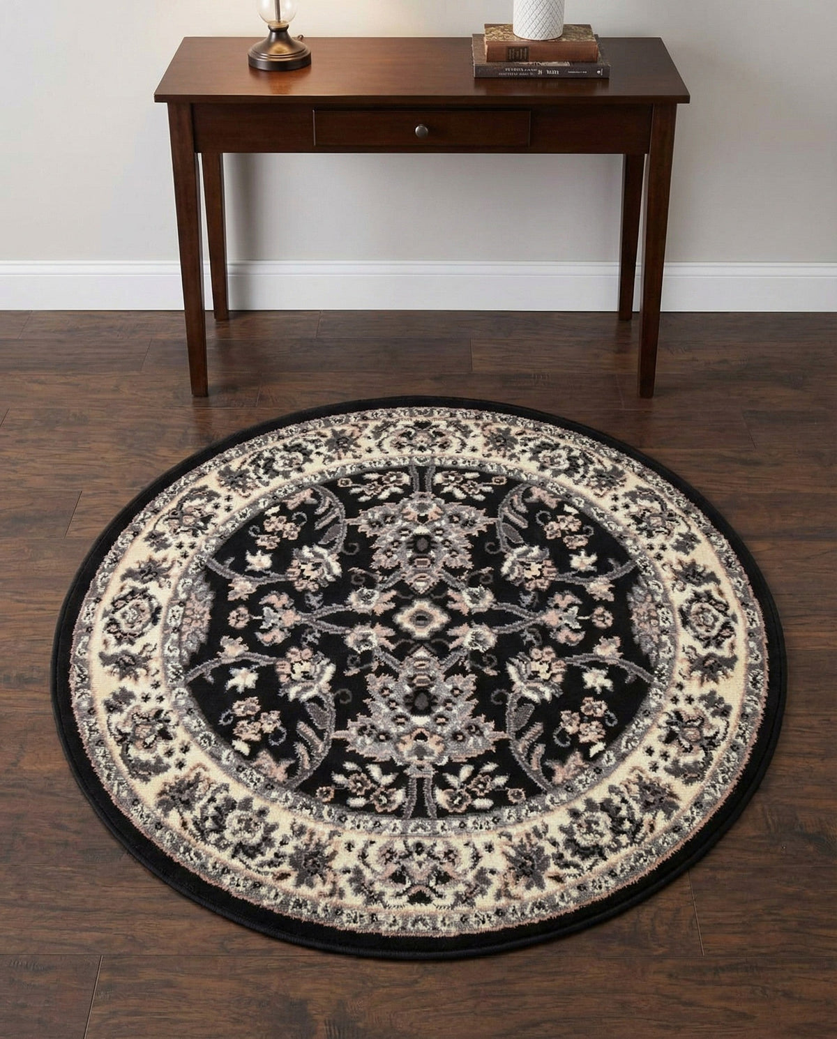 Isfahan Elegance Collection Area Rug - Naghsh-e Jahan (Black) Round Black  lifestyle 125