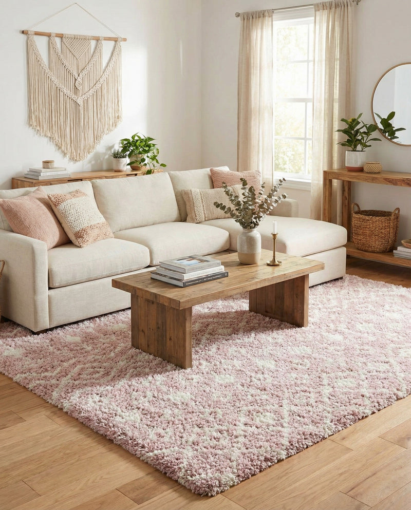 Berber Lattice Shag Collection Area Rug - Atlas (Light Pink) Square Light Pink  lifestyle 29