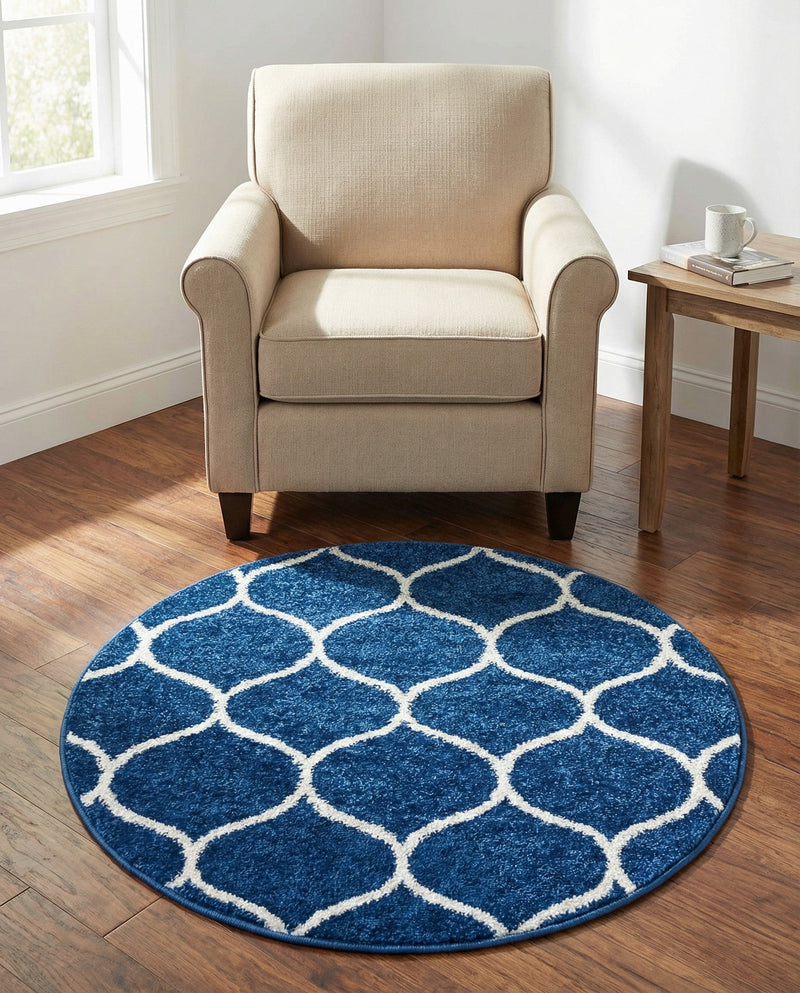 Trellis Mosaic Collection Area Rug -  Pergolatown (Navy Blue) Round Navy Blue  lifestyle 54