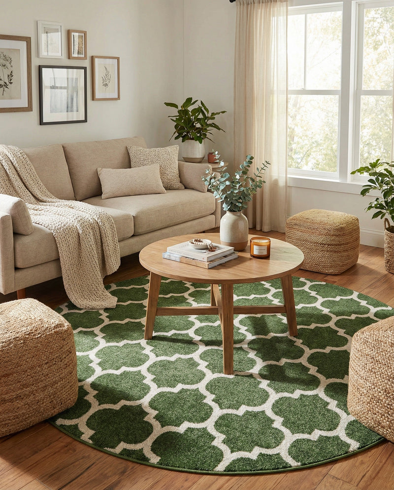 Lattice Gardens Collection Area Rug -  Bloomfield (Dark Green) Round Dark Green  lifestyle 35