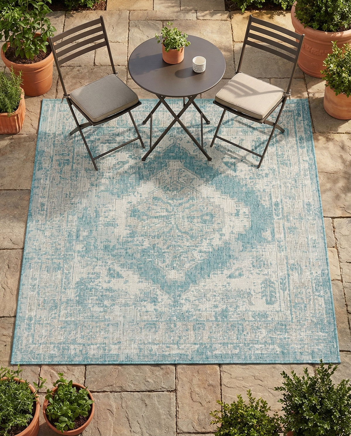 Patio Heritage Collection Area Rug -  Augusta (Aqua) Square Aqua  lifestyle 102