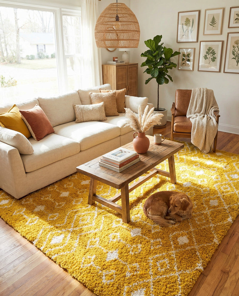 Berber Lattice Shag Collection Area Rug - Atlas (Yellow) Square Yellow  lifestyle 33