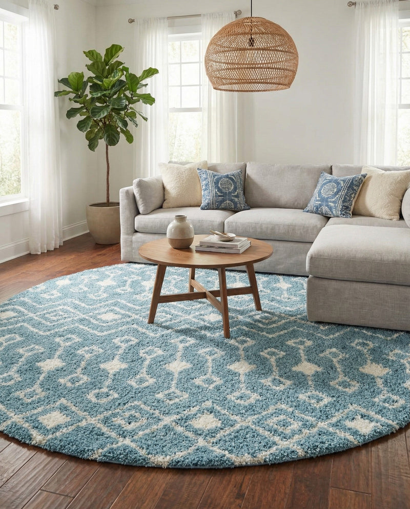 Berber Lattice Shag Collection Area Rug - Atlas (Light Blue) Round Light Blue  lifestyle 34